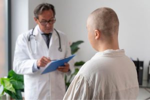 Paciente en cita de urología oncológica cáncer de riños, está sentado y frente a él el doctor examina unos exámenes